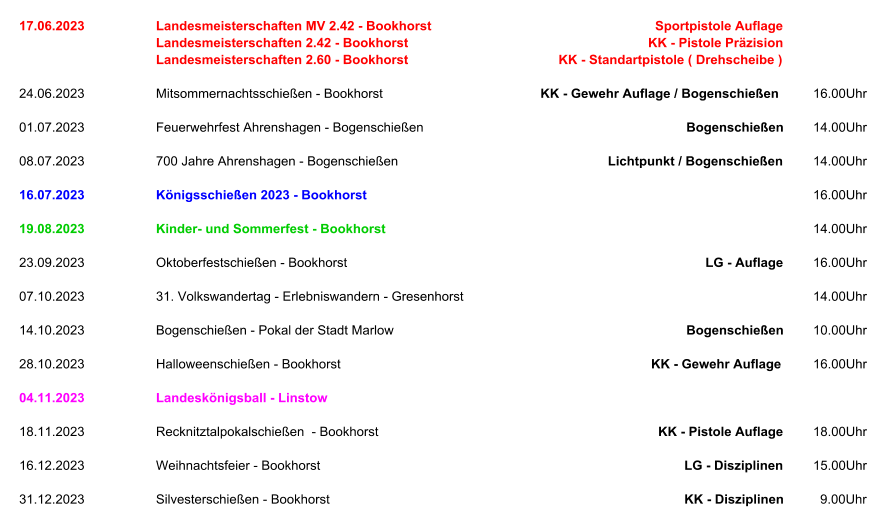 17.06.2023 Landesmeisterschaften MV 2.42 - Bookhorst Sportpistole Auflage Landesmeisterschaften 2.42 - Bookhorst KK - Pistole Präzision Landesmeisterschaften 2.60 - Bookhorst KK - Standartpistole ( Drehscheibe ) 24.06.2023 Mitsommernachtsschießen - Bookhorst KK - Gewehr Auflage / Bogenschießen 16.00Uhr 01.07.2023 Feuerwehrfest Ahrenshagen - Bogenschießen Bogenschießen 14.00Uhr 08.07.2023 700 Jahre Ahrenshagen - Bogenschießen Lichtpunkt / Bogenschießen 14.00Uhr 16.07.2023 Königsschießen 2023 - Bookhorst 16.00Uhr 19.08.2023 Kinder- und Sommerfest - Bookhorst 14.00Uhr 23.09.2023 Oktoberfestschießen - Bookhorst LG - Auflage 16.00Uhr 07.10.2023 31. Volkswandertag - Erlebniswandern - Gresenhorst 14.00Uhr 14.10.2023 Bogenschießen - Pokal der Stadt Marlow Bogenschießen 10.00Uhr 28.10.2023 Halloweenschießen - Bookhorst KK - Gewehr Auflage 16.00Uhr 04.11.2023 Landeskönigsball - Linstow 18.11.2023 Recknitztalpokalschießen  - Bookhorst KK - Pistole Auflage 18.00Uhr 16.12.2023 Weihnachtsfeier - Bookhorst LG - Disziplinen 15.00Uhr 31.12.2023 Silvesterschießen - Bookhorst KK - Disziplinen 9.00Uhr